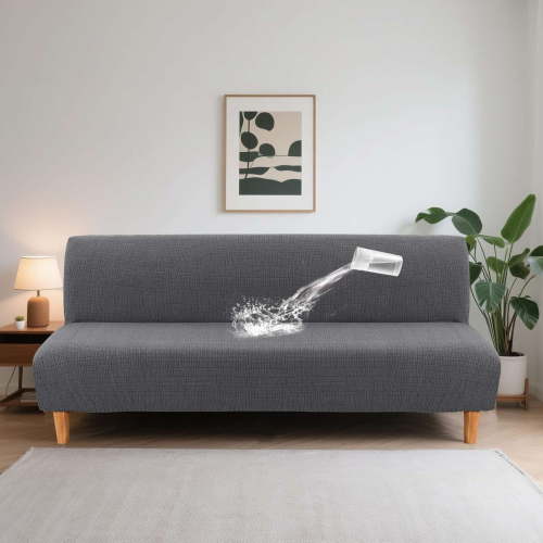 H.VERSAILTEX 100% Waterproof Jacquard Stretch Futon Slipcover Non-Slip Armless Sofa Cover Washable Furniture Protector with Elastic Bottom for Kids and Pets, Grey