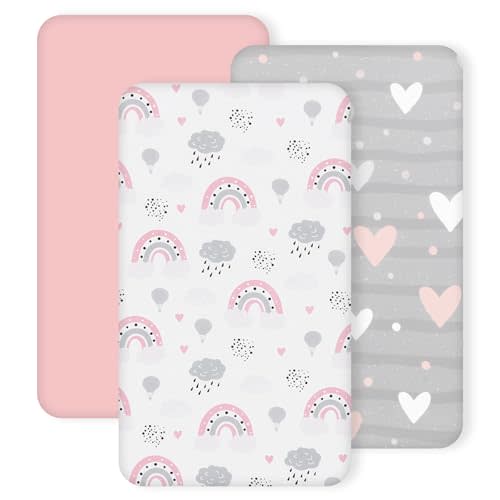 3 Pack Stretchy Bassinet Sheets 20" x 33" Compatible with Baby Delight, Angelbliss, Maxi-COSI & Most Regular Size Bedside Sleeper- Soft Breathable Fitted Bassinet Sheets for Baby - Pink & Grey Heart