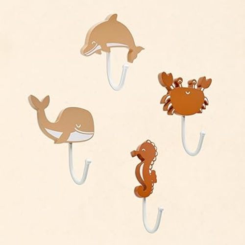 4 PCS Wooden Ocean Animal Kids Wall Hooks – Adorable Under The Sea Nursery Decor, Ocean Themed Coat Hooks for Baby Room Decor