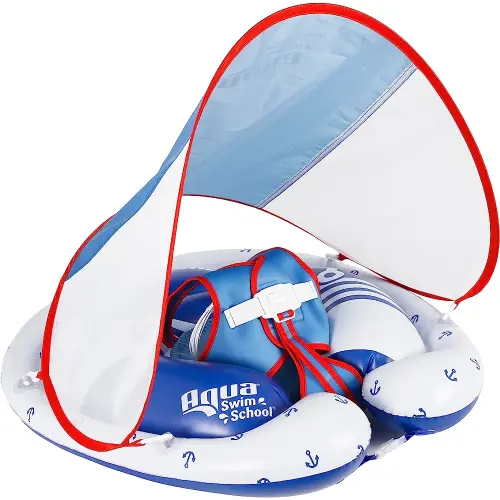 SwimSchool Freestyle Swimmer Baby Pool Float with Multi-Position, Adjustable Safety Seat, Free Swimming, Dual Air Chambers Safe, Red-White-Blue Nautical