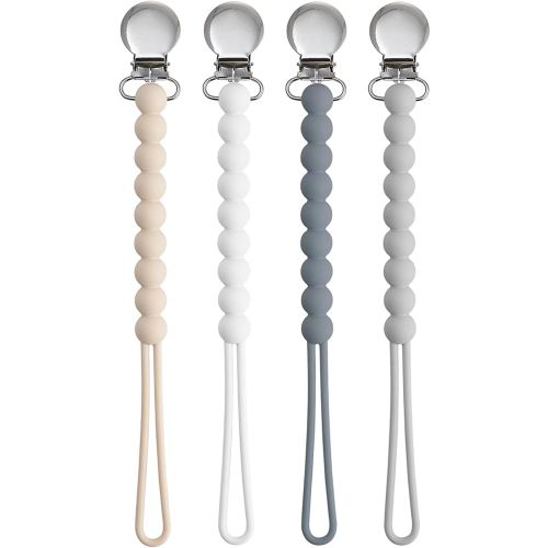 Pacifier Clip for Boys Girls - MORIBOX 4 Pack Paci Clip Soothie Baby Binky Holder for Shower Gift Birthday (Beige+White+Dgrey+Lgrey)