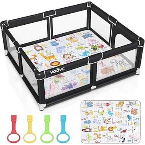 Premium Baby Playpen with Mat, 71x60 Inches Extra Large Playpen for Babies and Toddlers, Indoor & Outdoor Activity Center, Safety Baby Play Pen with Gate Prints Black