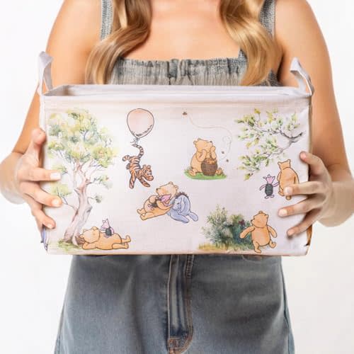 Sweet Baby Co. Classic Winnie Pooh Storage Nursery Basket With Hard Bottom Large Square Canvas Cotton Laundry Hamper Bin Waterproof Foldable Bathroom and Bedroom Stuff Clothes Toys Baby Vintage Decor