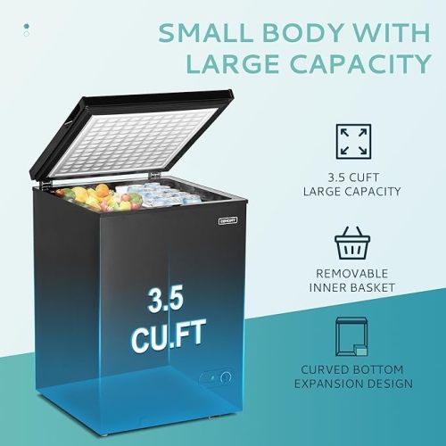 EUHOMY 3.5 Cu.Ft Chest Freezer with Wheels, Small Deep Freezer Adjustable 7 Thermostat, Quiet Mini Freezer Free-Standing Top Door, Energy Saving for Apartment/Garage/Basement/Dorm/Home, New Black