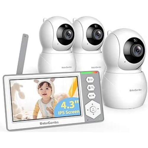 Baby Monitor with 3 Cameras Standby for 23-Hour Battery, Remote Control 4.3'' IPS Video Baby Monitor No WiFi Up to 1000ft Range, ECO, Night Vision, Temperature, 2-Way Talk, 8 Lullabies