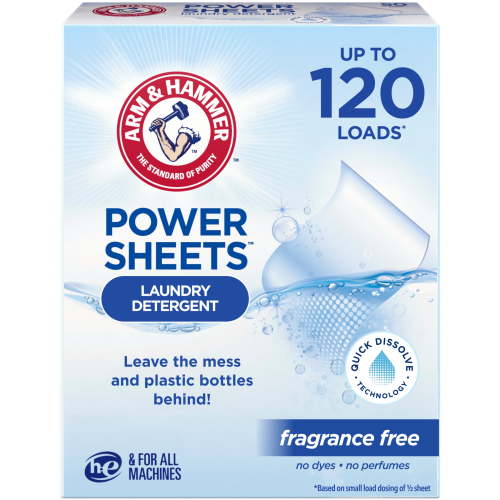 ARM & HAMMER Power Sheets Laundry Detergent, Fragrance Free, 60 Count, Up to 120 Small Loads