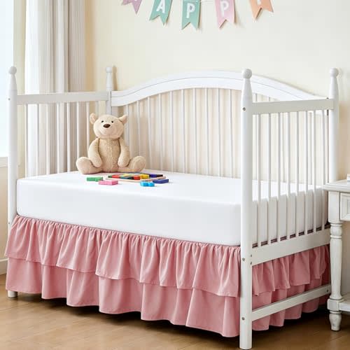 Ruffled Crib Bed Skirt, Light Pink, Soft Double Layer, 28"x 52" | 14" Drop, Nursery Dust Ruffle Skirt, For Toddler Bedding/Baby Crib