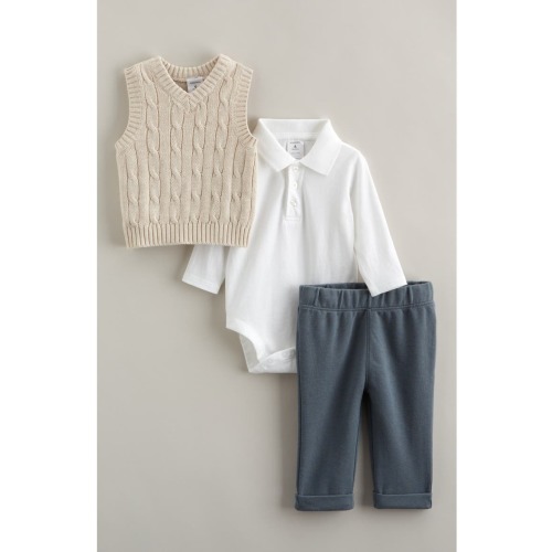 Dressed Up Cable Stitch Vest, Bodysuit & Pants Set