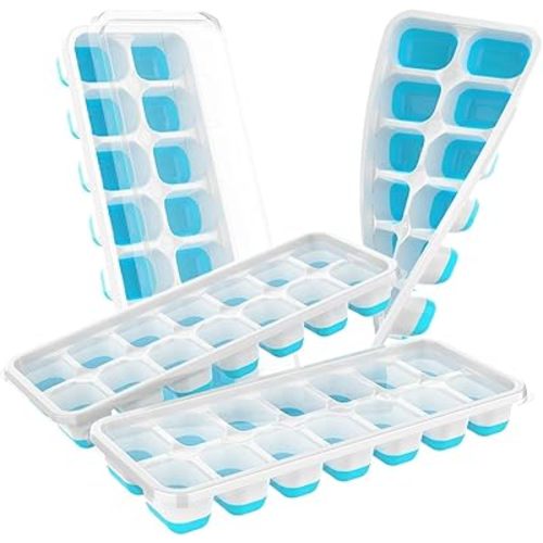 Ice Cube Tray with Lid, 4 Packs 56 Cubes Durable Stackable Ice Cube Trays for Freezer with Removable Lids, Easy-Release Plastic & Silicone Ice Tray for Cocktail, Coffee