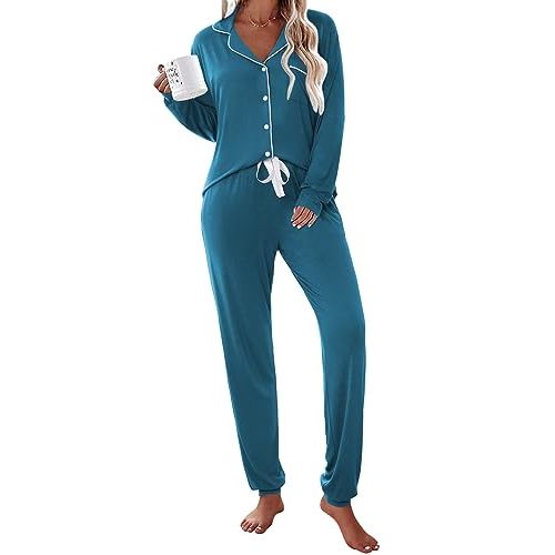 Ekouaer Pajamas Set Long Sleeve Sleepwear Womens Button Down Nightwear Soft Pj Loungewear with Pockets
