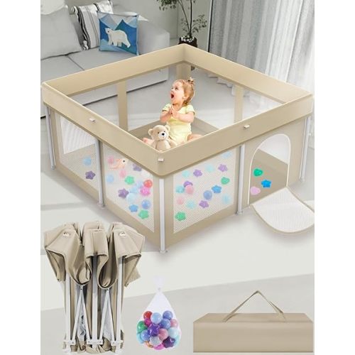 Foldable Playpen 50x50, Foldable Ultra-Portable Baby Playpen, Instantly Deployed in Three Seconds, Safe Baby Playard with Soft Breathable Mesh, Perfect Activity Center for Baby's Play, Beige