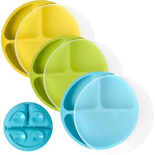 WeeSprout Suction Plates for Babies & Toddlers 100% Silicone Divided Design - With Lids, 3 Pack (Bright Green, Blue & Yellow)