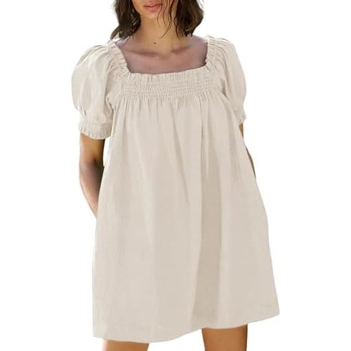 Huaqiao Womens Summer Mini Dress 2026 A-Line Square Neck Puff Sleeve Beach Sundress Casual Short Dress with Pockets