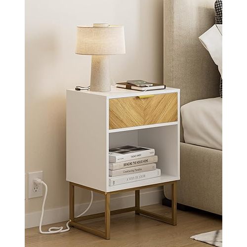 Nightstand with Charging Station,Modern Night Stand Boho Farmhouse Wood Bedside Table with Storage Drawer Side End Table for Bedroom,Living Room,Office,White with Outlet