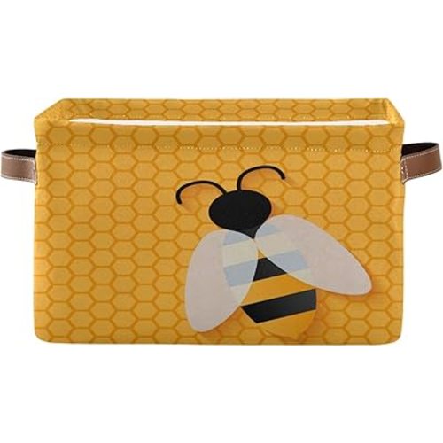Cute Bee Square Storage Basket Bin Canvas Fabric Compressible Organizer Basket with Handle for Bedroom Nursery Office, 1PCS