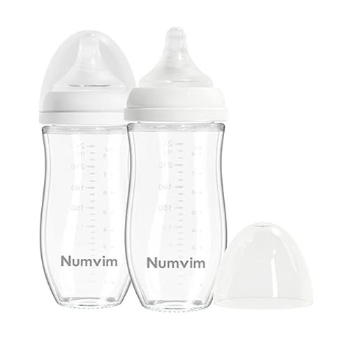 Glass Baby Bottle Gentle & Extra Slow Flow, Breastfeeding Bottle with Anti Colic Nipple for 3 Months Babies, Includes M Nipples, (8Oz, 2 Packs)