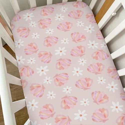 Boho Beach Seashells Floral Baby Crib Sheets for Girls Pink Conch Flowers Soft Snug Fitted Crib Mattress Covers for 52''x28'' Standard Crib & Toddler Mattress Girly Summer Nursery Bed Sheets