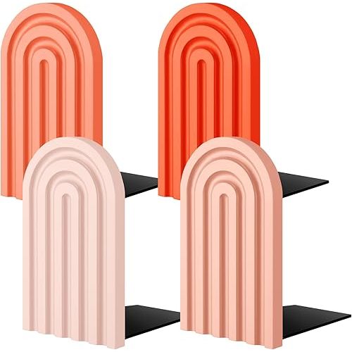 Harloon 4 Pcs Boho Arch Wood Bookends Rainbow Arch Back to School Book Stand Decorative Bookend for Shelves Non Skid Cute Book Stoppers for Heavy Books Home Office Library Kitchen(Vintage Color)