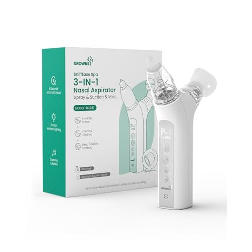 GROWNSY SniffEase Spa 3-in-1 Nasal Aspirator for Baby – Spray, Suction & Mist, Hospital-Grade Powerful Electric Nose Suction with Soothing Light & Music, Larger Chamber, Food-Grade Silicone Tips