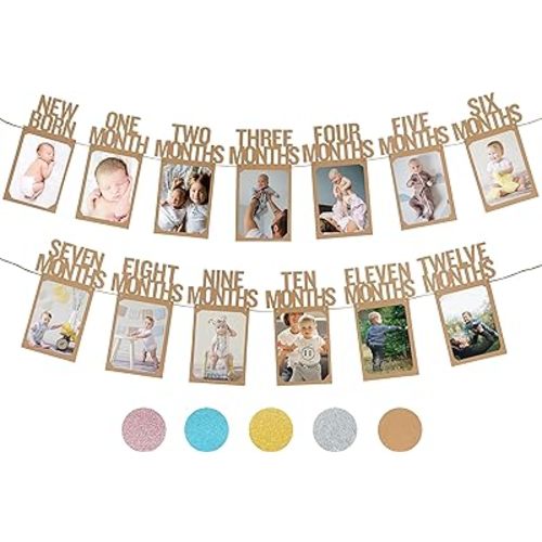 1st Birthday Photo Banner for Baby from Newborn to 12 Months, First Birthday Decorations Boy or Girl Monthly Milestones Garland | 1 Year Old Photo Banner Pre-strung with Frame (Kraft)