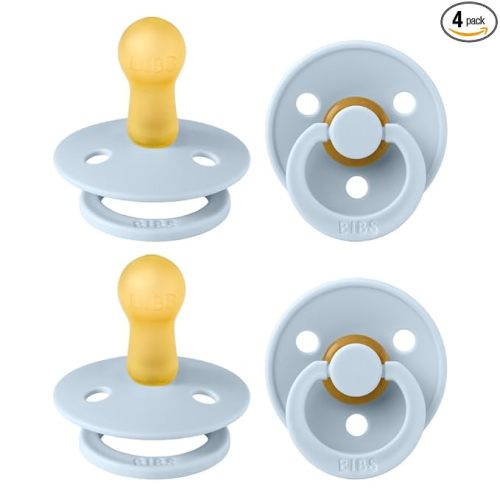 BIBS Color Pacifier 4-Pack, BPA Free Soother Pacifier, Round Nipple. Natural Rubber Latex, Made in Europe, Size 2 (6-18 Months), Baby Blue