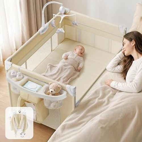 4 in 1 Baby Bassinet, Portable Bedside Crib Sleeper, Quickly Assembled Crib with Diaper Changer, Foldable Baby Playard with Mattress and Wheels for Newborn to Toddler, Beige