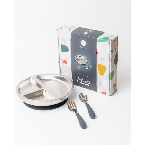 18/8 Stainless Toddler Plate with silicone suction base, spoon and fork