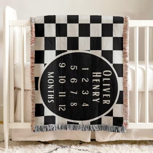 Personalized Baby Boy Milestone Blanket Custom Checkered Name Baby Blanket Baby Shower Gift for Newborn Boy Keepsake Classic Nursery Decor