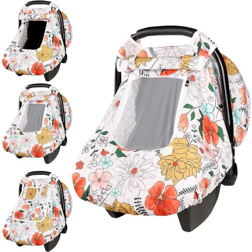 Baby Carseat Cover Girls, Pea Pod Infant Car Seat Covers Canopy for Newborn with 2 Layers Windows of Breathable Mesh/Fabric, Lightweight Polyester/Minky Dot Backing, Snug Fit Most Baby Car Seat