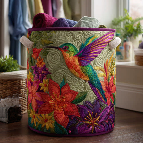 Hummingbird Bloom Quilted Laundry Basket