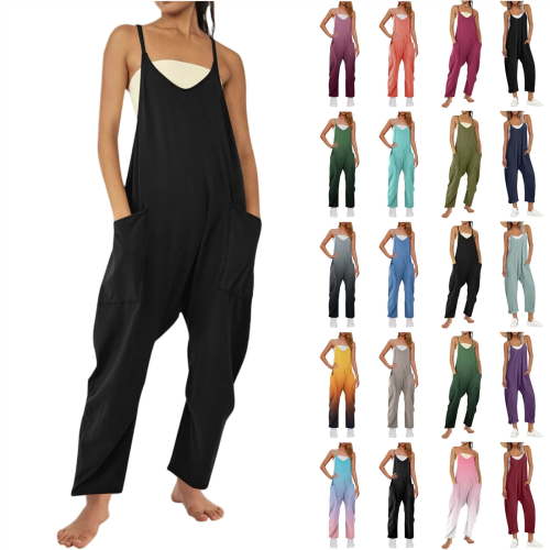 QATAINLAV Rompers for Women Casual Summer Jumpsuits Sleeveless Loose Spaghetti Strap Overalls Baggy Wide Leg Oneise Pants with Pockets Black M