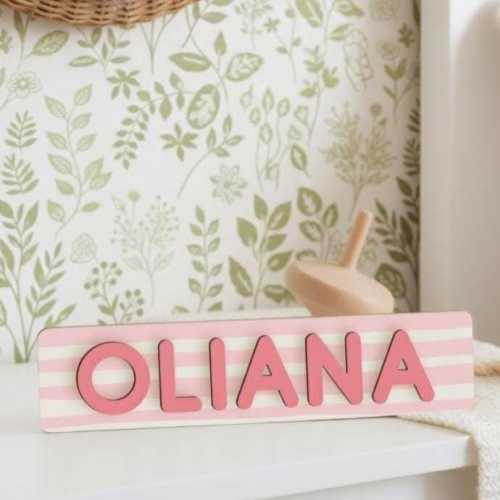 Baby Name Puzzle Sign with Pink Stripes, Personalized Wooden Name Puzzle, Baby Girl Nursery Decor, 1st Birthday Gift for Baby, Easter Gifts