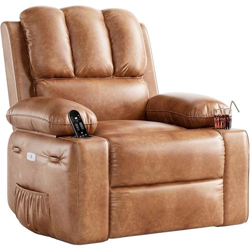 GarveeHome Recliner Chair, 360° Swivel Rocker Recliners with Heat & Massage, Soft Lazy Boy Recliner Chair with 2 Cup Holders and Side Pocket for Living Room Bedrooms and Nurseries (Coffee, Regular)
