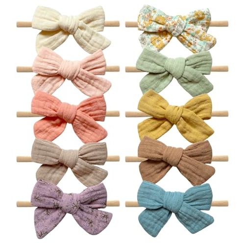 Cherssy Muslin Hair Bows and Headbands for Baby Girls, 10pcs Soft Nylon Hairbands for Newborn, Infants, Toddlers
