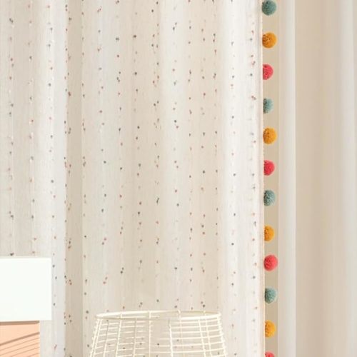 2 Panels Rainbow Linen Sheer Curtains with Colorful Pom Poms Vintage Embroidered Sheer Curtains for Kids Girls Room Light Filtering Curtain for Nursery Bedroom Rod Pocket (Mulitcolor,W42 L84 inch)