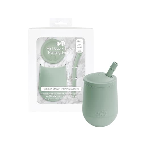 ezpz Mini Cup + Straw Training System - 9 Months+ (Sage) - 100% Silicone Training Cup for Infants + Toddlers - Designed by a Pediatric Feeding Specialist