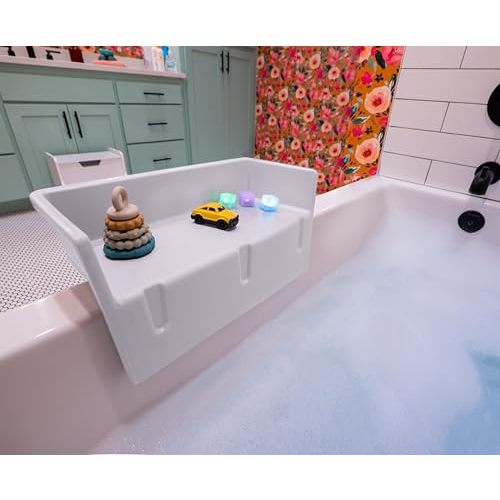 Tub Topper® Mini Bathtub Splash Guard for Kids - Compact Bath Splash Guard & Tub Play Shelf - Easy to Remove, Store & Clean - Patented Lip Design, Non-Silicone, BPA-Free, Made in USA (White)