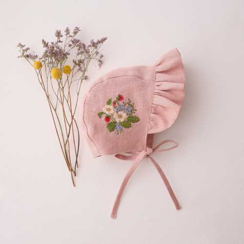 Baby Bonnet, Linen Ruffle Hat with "Strawberry Bouquet" Embroidery, Newborn Photo Prop & Baby Gift in Powder Linen