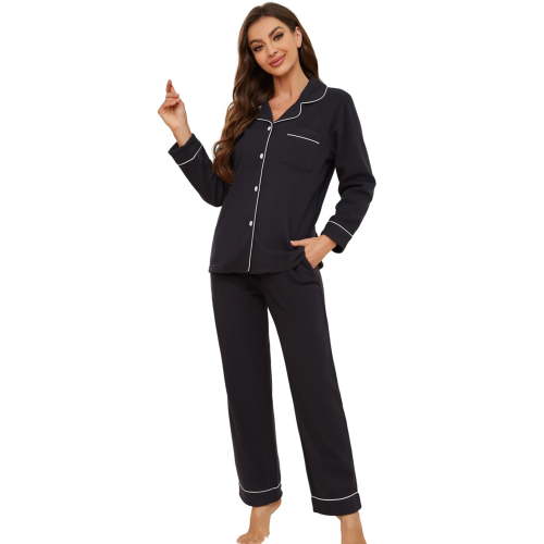 HEARTNICE Womens Pajama Sets, Flannel Knit Soft Button Down Loungewear Long Sleeve Pjs Sets,(Black,L)
