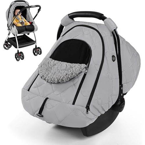 Baby Car Seat Cover Winter, Waterproof Baby Carseat Cover for Girl Boy with Mesh, Warm Fleece Infant Car Seat Cover, Breathable Car Seat Cover for Babies, Double Windows Carseat Canopy Covers, Grey