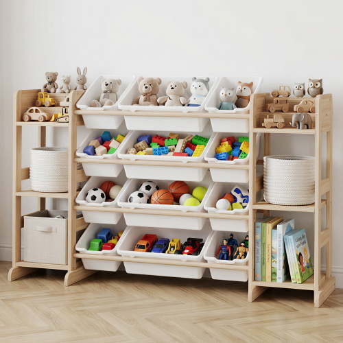52.3" Wide Kids Toy Storage Organizer with 12 Bins & 6 Shelves, Wood Bookshelf Cabinet, Storage Unit for Playroom Bedroom Living Room