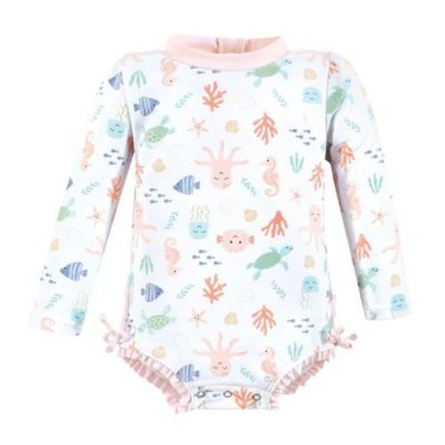 Hudson Baby Girl Rashguard Baby Swimsuit, Pastel Sea, 12-18 Months