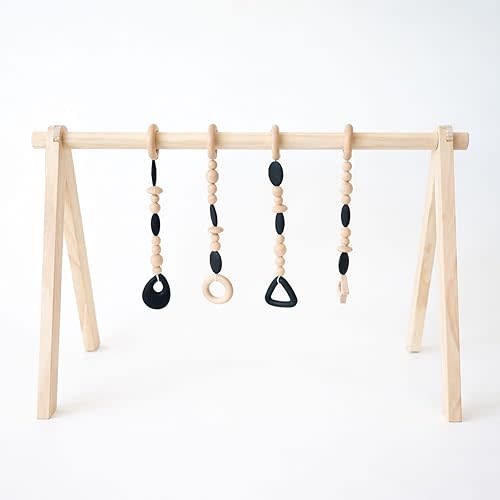 Poppyseed Play Wooden Baby Play Gym, Montessori Activity Center for Infants | Natural Wood Frame with 4 Hanging Toys | Baby Gym for Floor Play | Tummy Time & Early Development | 0–12 Months