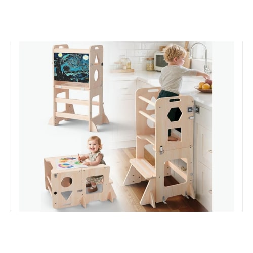 Amazon.com: OMEW Torre de pie para niños pequeños con hebilla anticaída, taburete de cocina antideslizante 4 en 1 con pizarra, taburete de cocina plegable de madera para niños, regalos para niños de 1 a 3 años