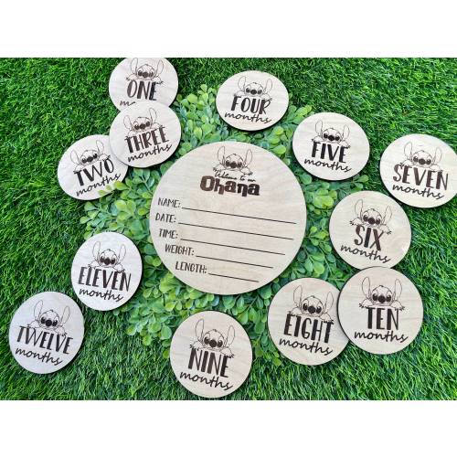 stitch theme monthly milestone markers and hospital birth announcement sign for stats and information/ baby shower gift ohana