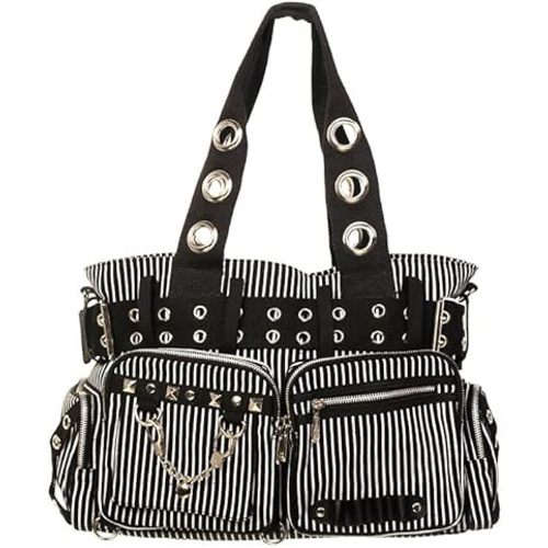 Lost Queen Striped Punk Rock Steampunk Purse with Handcuff Skull Charm