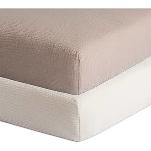 Meracorallo Muslin Fitted Crib Sheets, 2 Pack Soft Breathable Cotton Baby Crib Sheet, Neutral Crib Sheet for Baby Boys and Girls, Fits Standard Crib Mattress 28''x52'' (Blush & Fog)