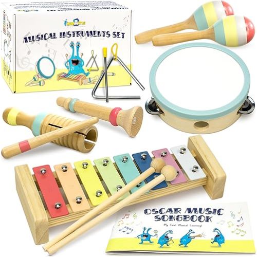 MINIARTIS Baby Musical Instruments Set - Montessori Musical Toys for Toddlers 1-3 | Modern Boho Kids Xylophone with Songbook | Neutral Colors Wooden Percussion Instruments | Preschool Educational 3+