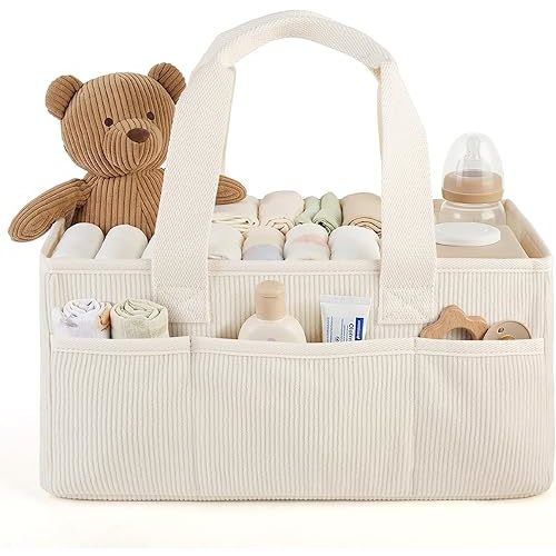 Lemoobolsa Baby Diaper Caddy Organizer with Portable Changing Mat-Portable Baby Organizers and Storage, Gift for Baby Shower, Corduroy Baby Essentials Organizer with Removable Dividers (Beige)