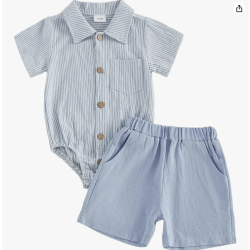 6-12 Months - Sasaerucure Baby Boy Summer Outfit Striped Button Down Short Sleeve Romper Solid Shorts 3 6 12 18 Months Boys Clothes